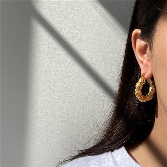 Chunky Gold Hoop Earrings 14k Gold Plated Triple Hoop Earrings Hypoallergenic - Picture 3 of 14